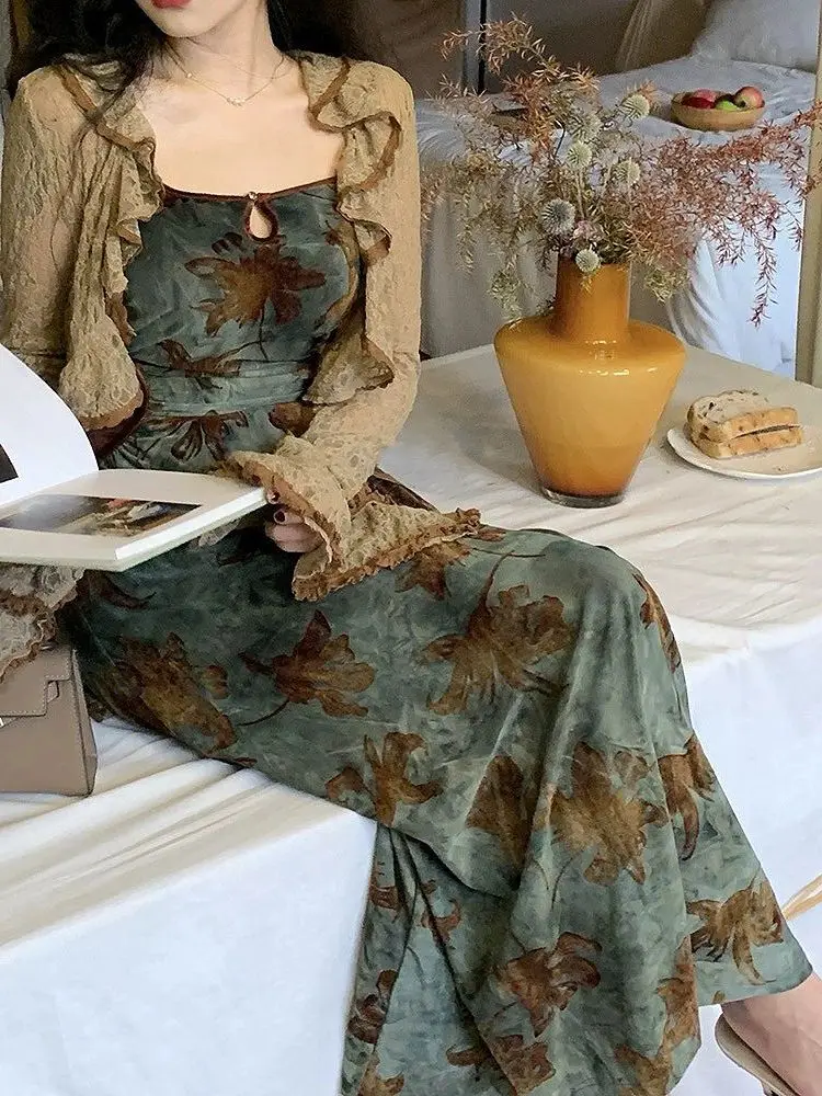 Elegant Vintage Green Floral Print Camisole Dresses+ Y2k Long Sleeve Sun Protection Coat Women Oversize New Two Piece Sets