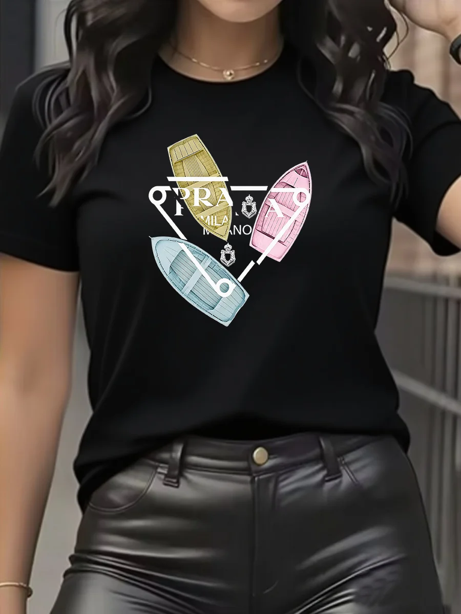Round-neck T-shirt, soft and comfortable, women's casual style for spring and summer, featuring a boat letter design