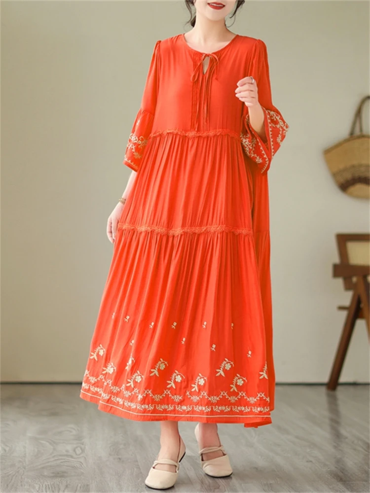 Cotton Embroidery Vintage Dresses For Women 2025 New Summer Casual Loose Long Dress Femme Robe Office Lady Work Elegant Clothing