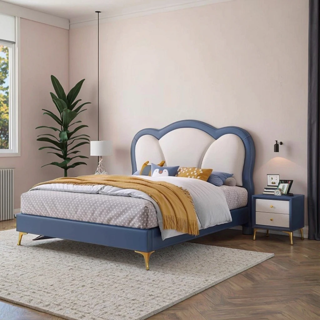 Nordic Minimalist Home Bedroom 1.8-meter Children's Double Bed with Soft Package Backrest Wooden Single Bed for Boys and Girls