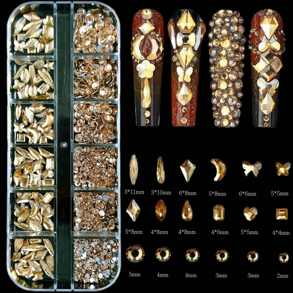 12칸 골드 오션 네일 참 장식물 조개/해마/불가사리 다양한 모양 별 3D 믹스 펑크 매니큐어 메탈 네일 DIY 부품