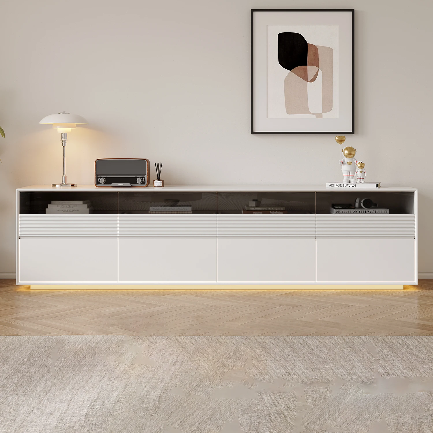 أرضية من الخشب الصلب النقي، خزانة تلفزيون بطبقة مزدوجة، طاولة قهوة لغرفة المعيشة، خزانة أرضية بلاطة صخرية كريمية للرياح #1