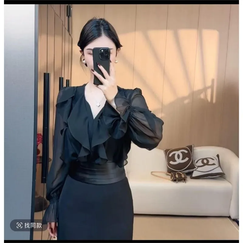 French Ruffled Long-sleeved V-neck Shirt for Women Versatile Spring and Autumn Bell-sleeved Top