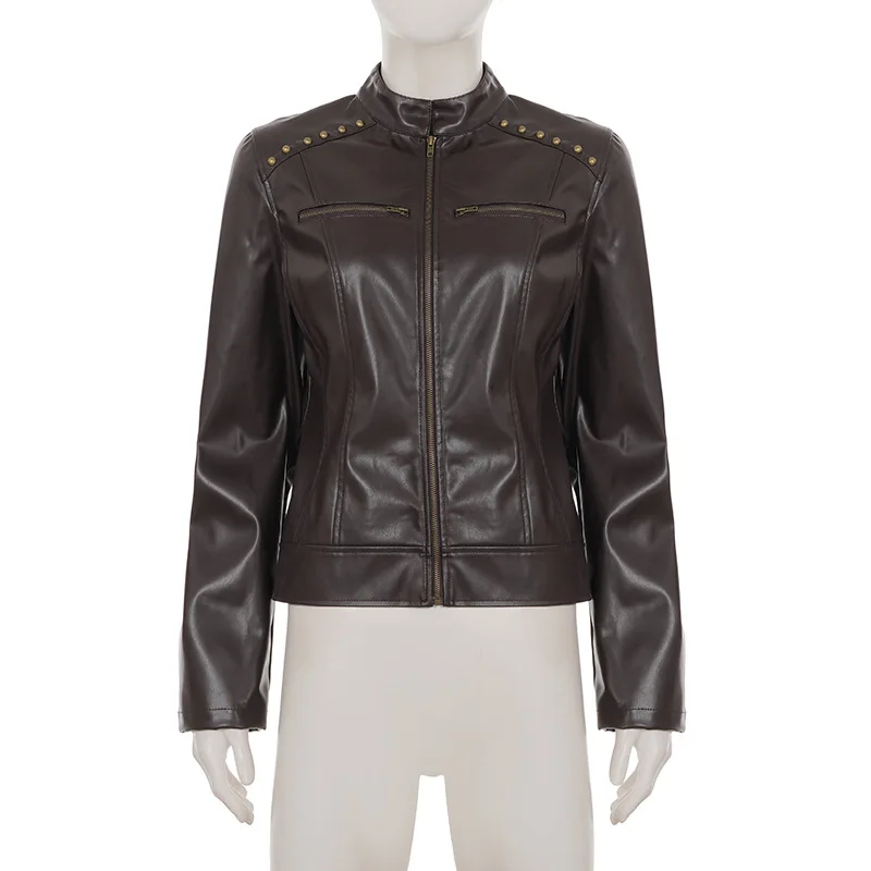 

Riveted stand up collar zipper cardigan pu leather retro fashion slimming jacket women