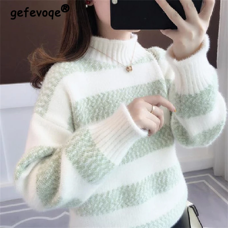 Women Trendy Striped Casual Streetwear High Collar Thick Soft Knitted Sweater 2023 Autumn Winter Long Sleeve Loose Pullover Tops