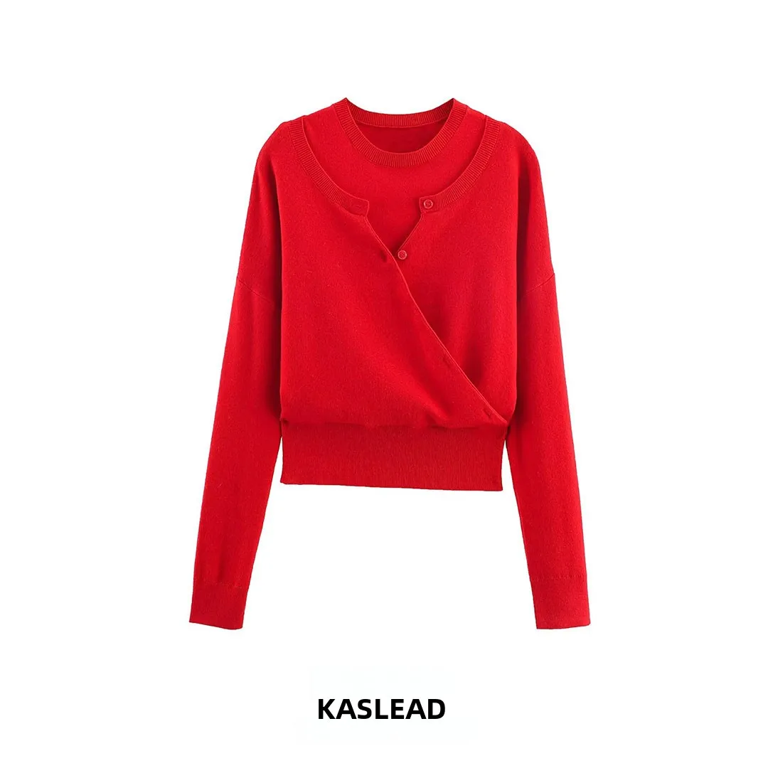 

KASLEAD New Women's Faionable Knitted Long Sve Double Layer Top Simple Sle Polyester Fiber round Ne ort Length