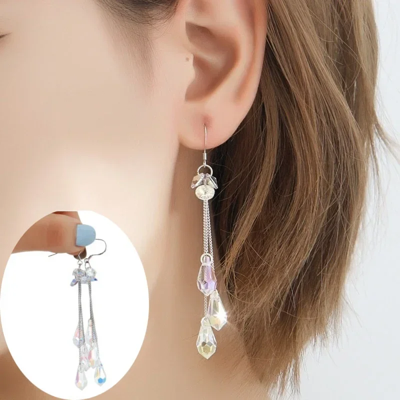 Delysia King Women's Versatile Long Tassel Water Drop Earrings Trendy Crystal Sparkle Temperament Anti Allergy Eardrop