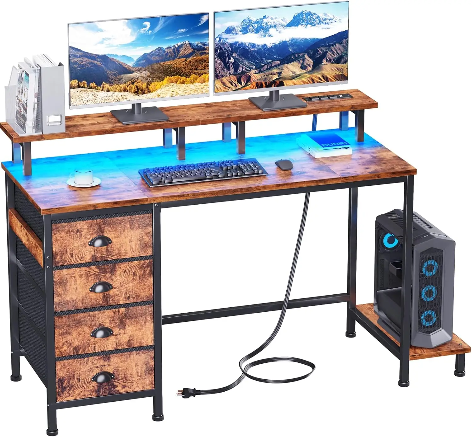 

47/55In Computer Desk with 4 Fabric Drawers, Gaming Desk with Power Outlets and LED Lights, Home Office Desks with Full Monitor
