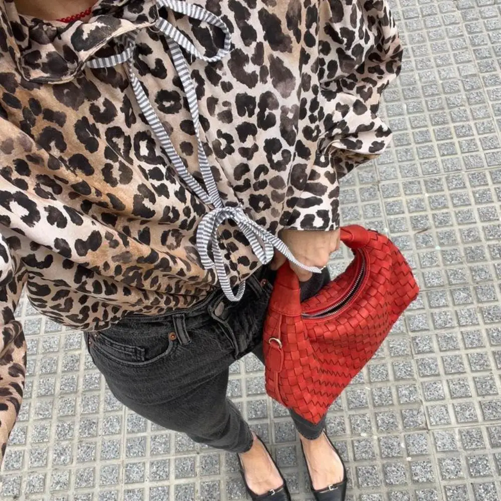 Autumn Casual Leopard Print Bow Top Fashion Long Sleeved Half Neck Cardigan Woman Printed Commuting Cardigan