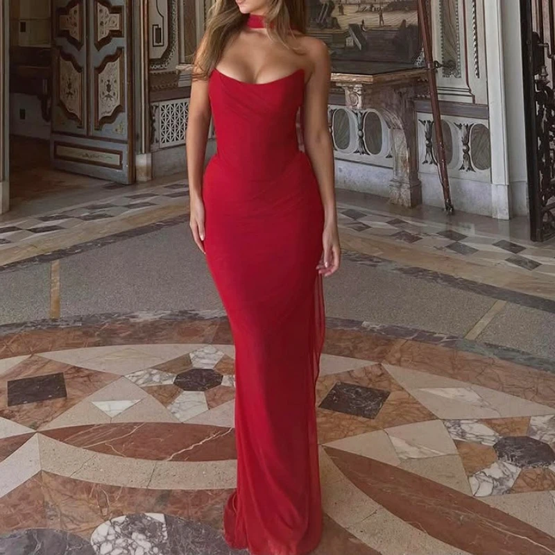 

2025 New Sexy Double-layer Mesh Yarn Chest Wrap, Slim Fit, Hip Wrap Temperament Long Skirt Set Two-piece Set Dresses