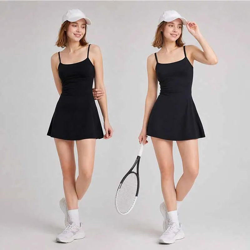 Women Sleeveless Tennis Dress Workout Active Cami Dresses Built in Shorts Ladies Elastic Solid Summer Skirts Hollow Out Backless