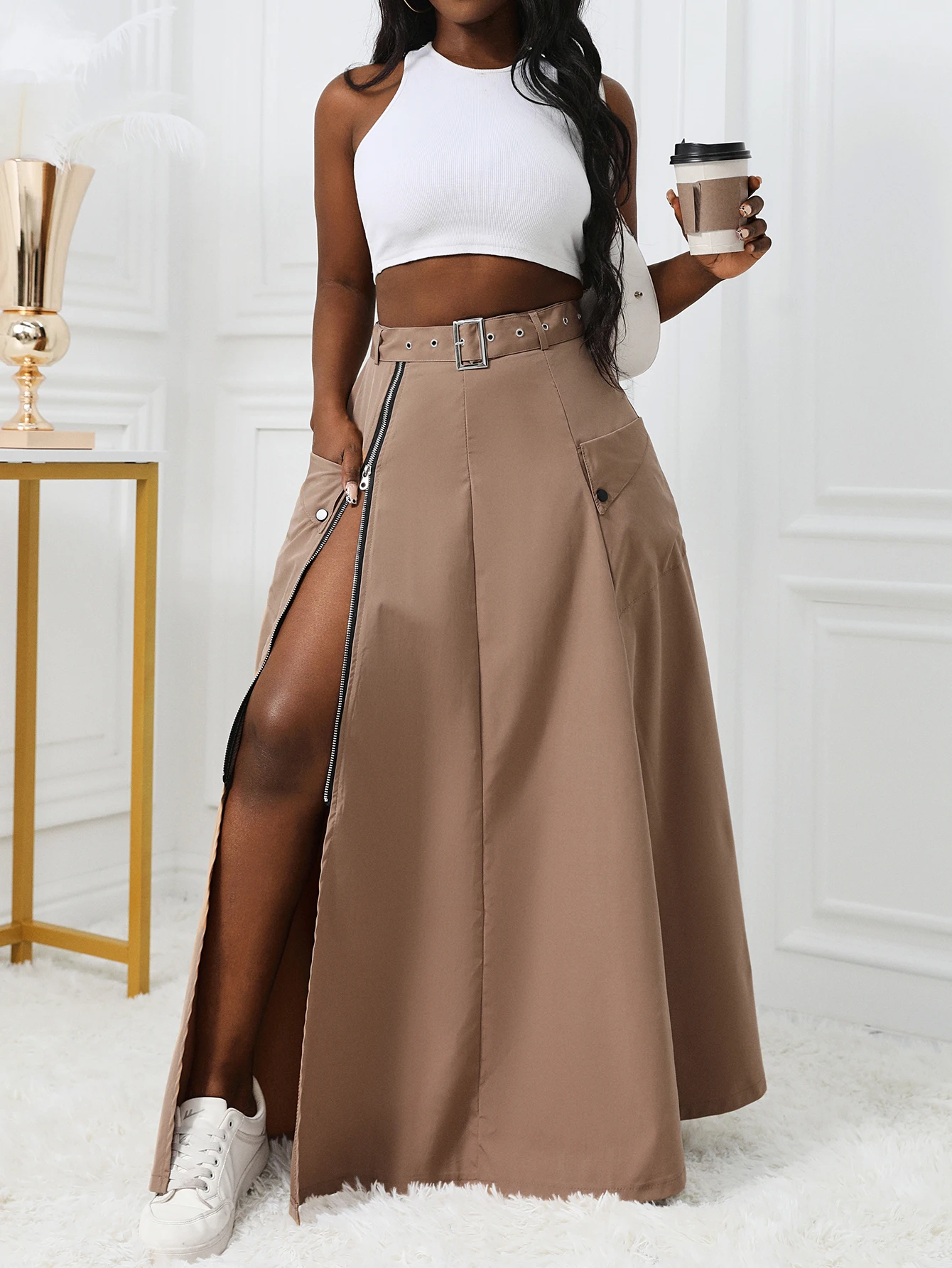 Directional street style ladies front split zipper cargo skirt Fashion sensual belt cargo skirt apron skirt