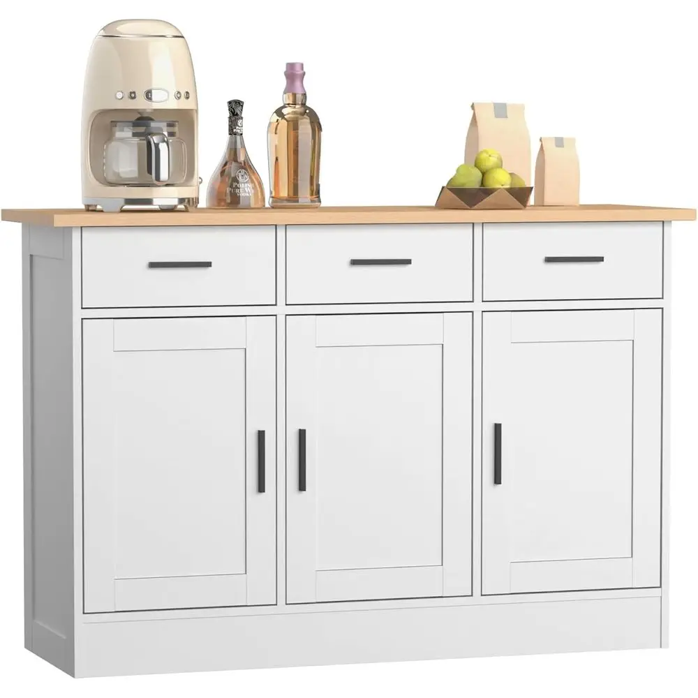 

Large 3-Door White Kitchen Storage Cabinet with Accent Table for Dining, Living Room, and Entryway