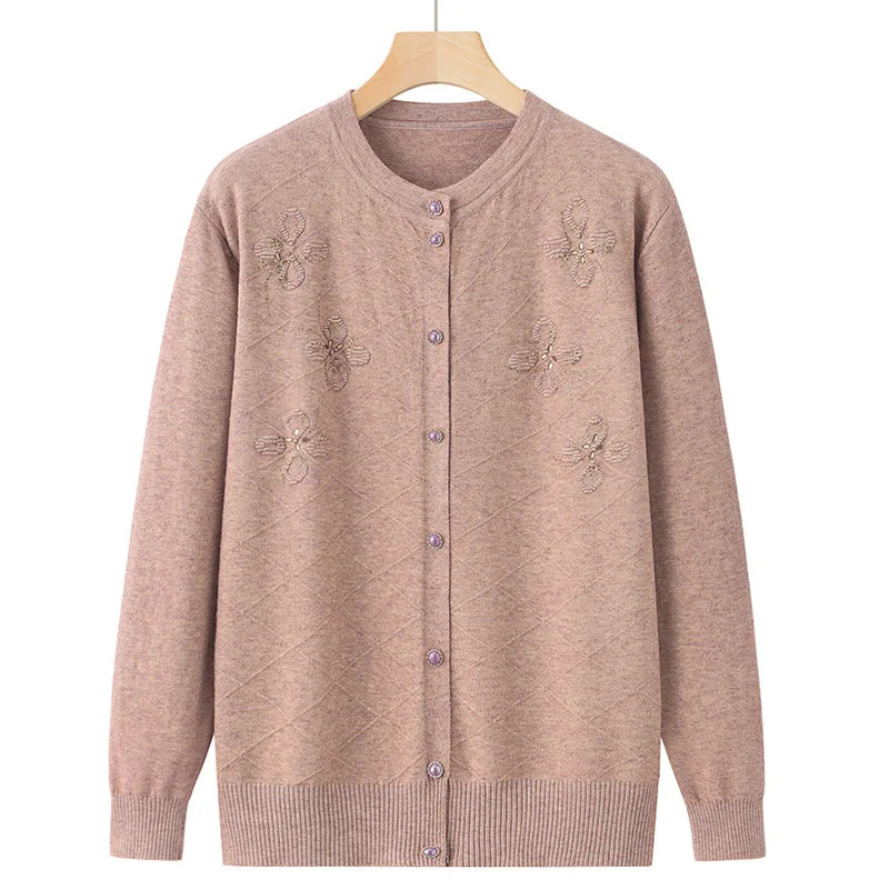 Весенне-осенний вязаный свитер для мам среднего возраста, женский кардиган, пальто, топ с длинными рукавами, винтажный свободный трикотаж для бабушки