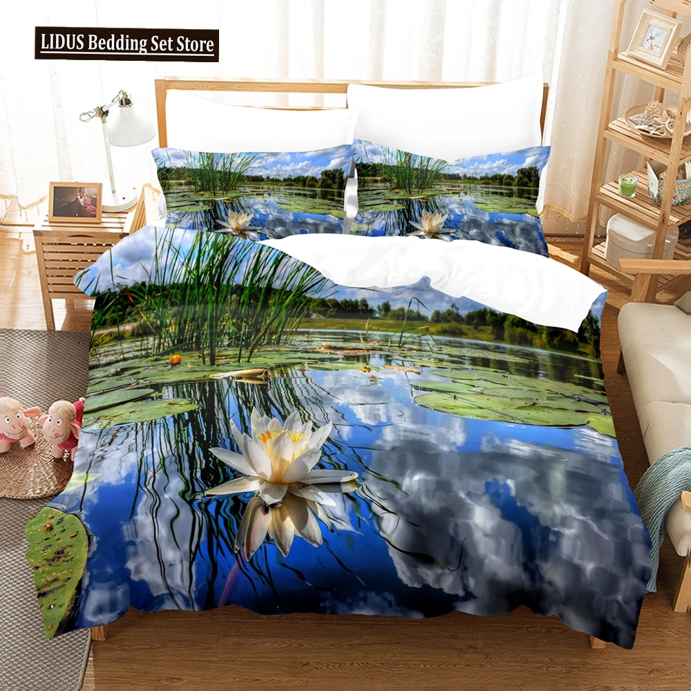 

White Lotus On The Lake Duvet Cover Set 3D Print Plant Polyester Comforter Cover King Queen Size For Girls Kid Boys Bedding Set