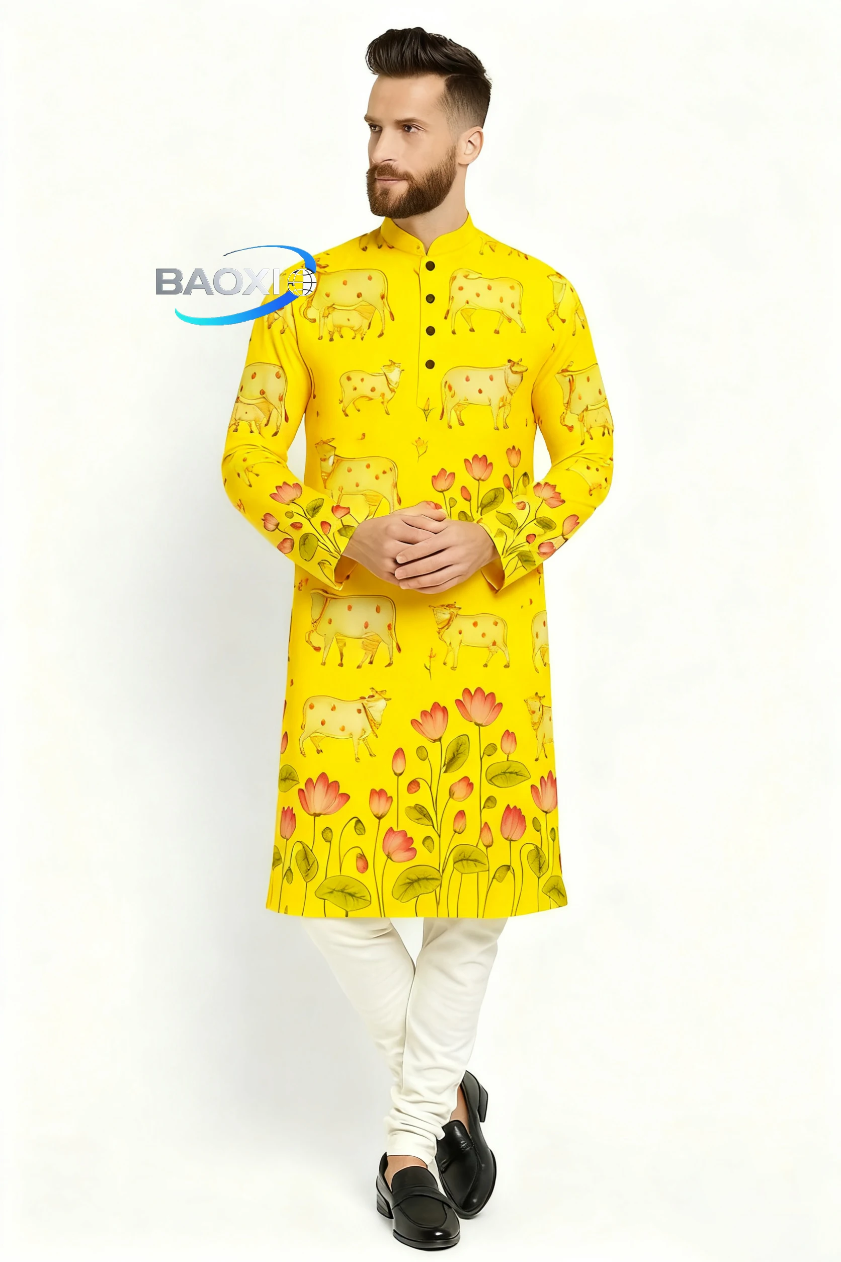 2025 uomo stampato kurta dheha alla moda e confortevole vestibilità colletto alla coreana abito lungo adatto a tutte le occasioni,