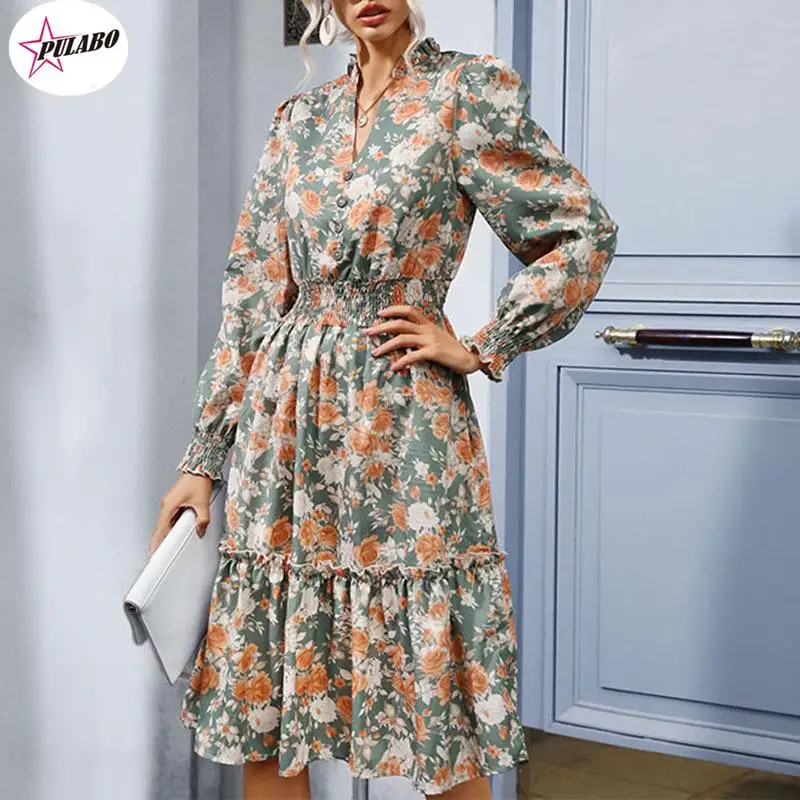 

PULABO Elegant Ruffle Hem Printed Vintage Long Sleeve Dress Vestido Feminino Dresses For Women 2024 Autumn Winter