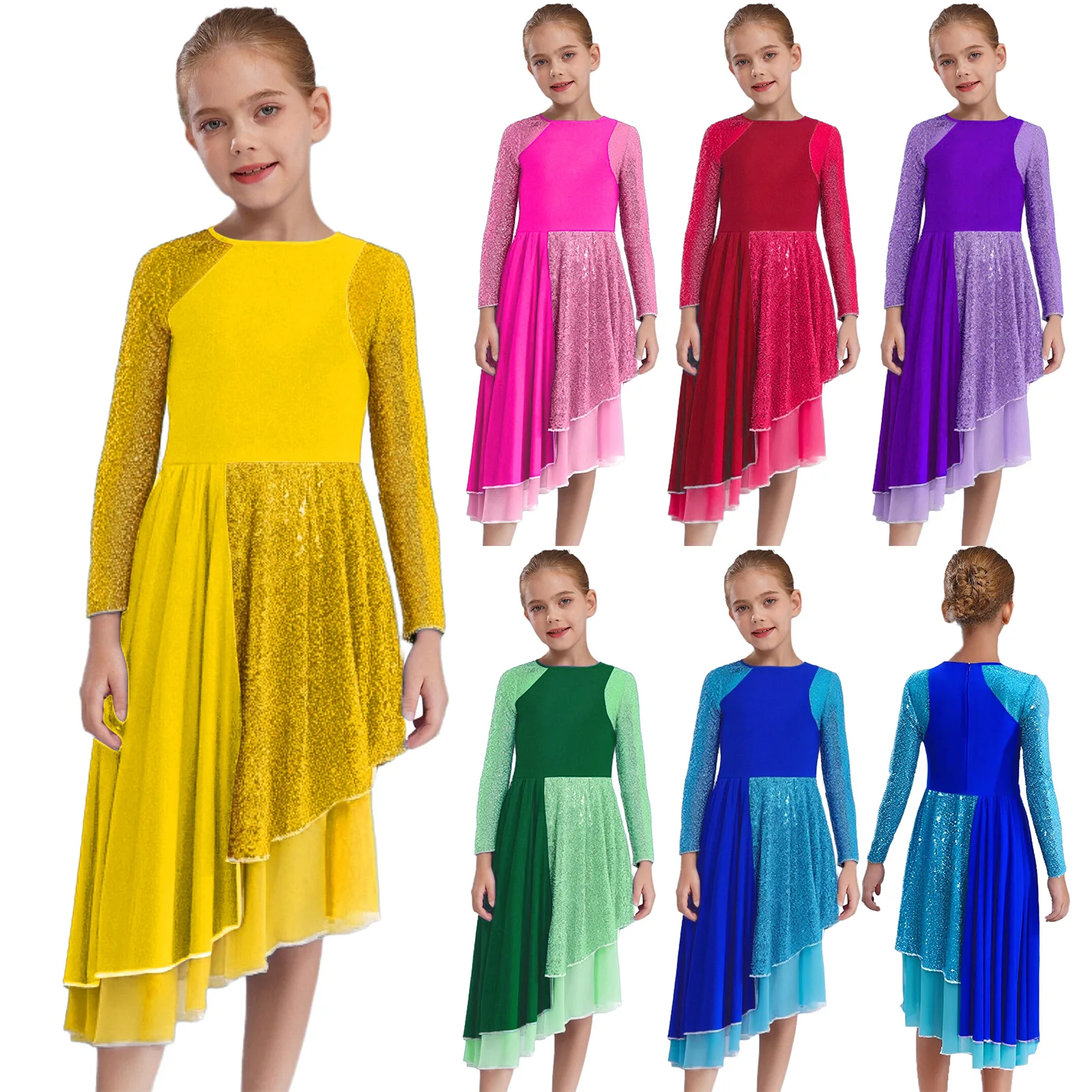 Girls Sequins Liturgical Praise Dance Costumes Long Sleeve Lyrical Dance Dress Asymmetrical Worship Church Robe Tunic Costume