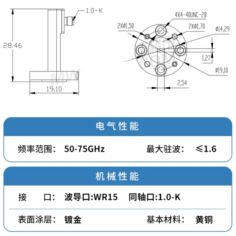 WR15-1.0mm waveguide coaxial conversion, FUGP flange orthogonal waveguide coaxial converter, 50-75GHz