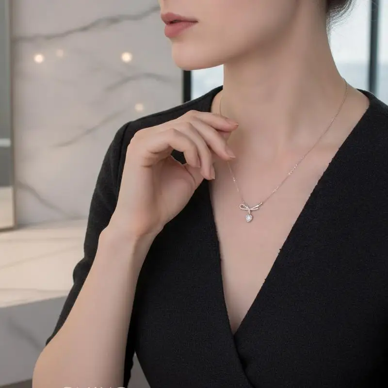 Silver Necklace Bow Knot Design Shiny White Heart Zircon Perfect For Daily Wear Date Gift Giving