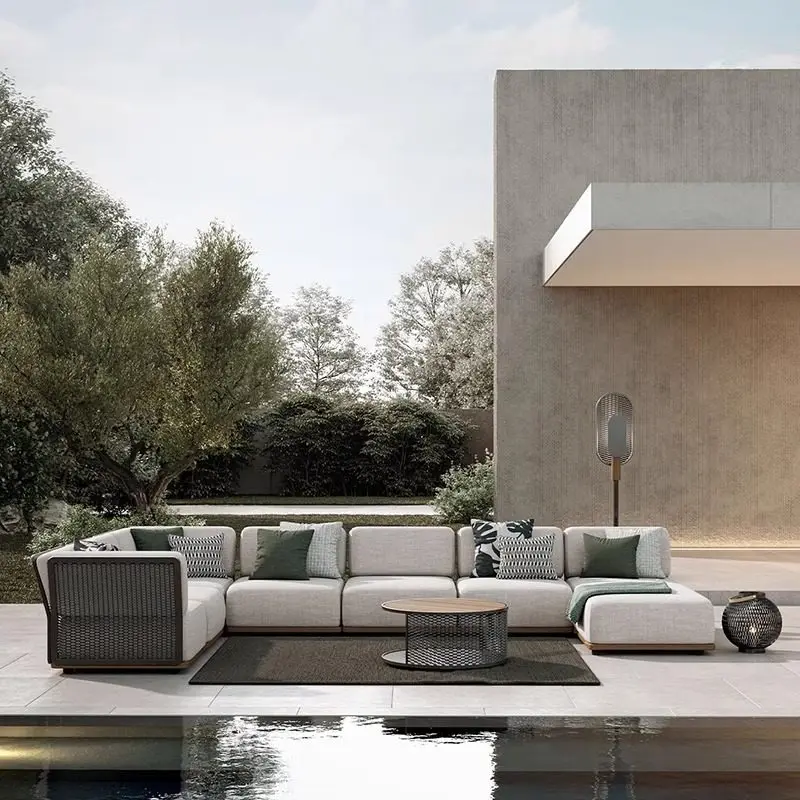 ！@Outdoor L-Shaped Sofa Bed Set-Villa/Courtyard Teak Waterproof Modern Simple Design for Terrace & Garden image 4