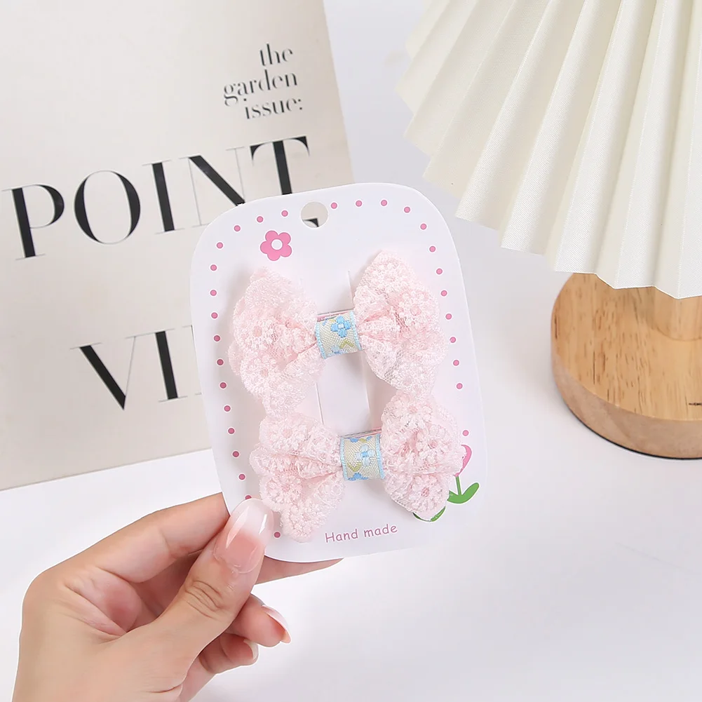 

2Pcs/Lot Chiffon Lace Baby Hair Bows Clips 6.5cm Solid Sweet Embroider Covered Safety Bobby Hairpins Hairgrips Girls BB Barrette