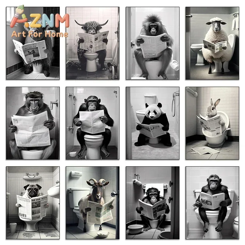 Animal Sitting on The Toilet Reading A Newspaper Poster Prints Canvas Printing Retro Wall Art Picture for Living Room Home Decor