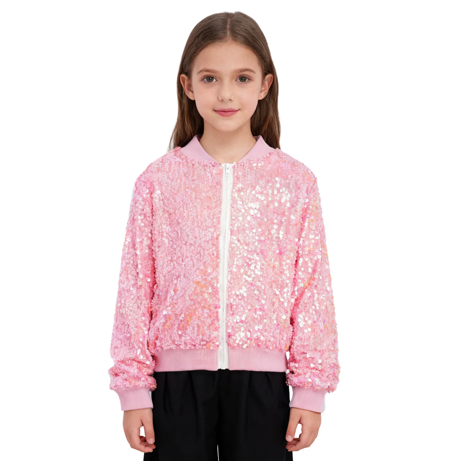 

Kids Girls Jacket Jazz Hip-hop Dance Top Long Sleeve Zipper Sparkling Sequins Coat with Pockets for Stage Performance Streetwear