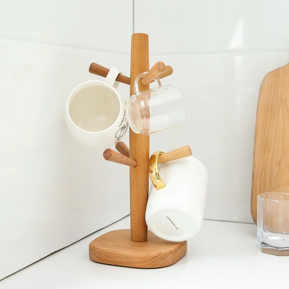 

Wooden Mug Hanging Display Rack 6 Hooks Vertical Cup Storage Holder Non-Slip Base Tree Shape Tea Cups Drainer Countertop Display