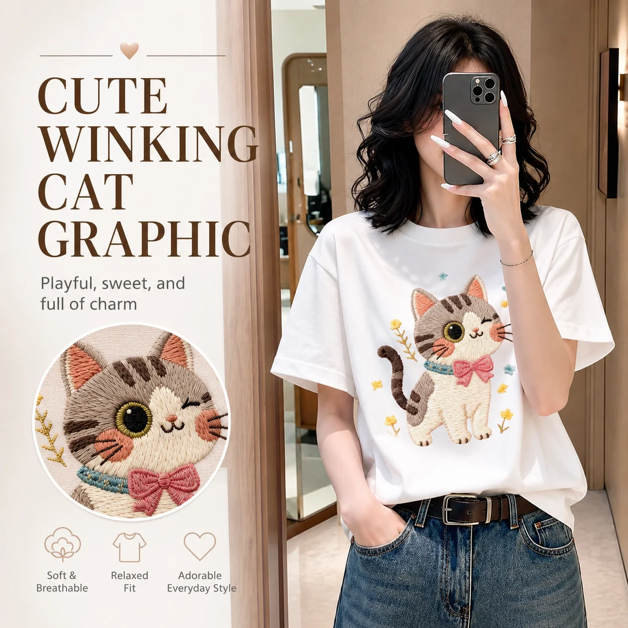 Women Cute Cat Graphic T Shirt Cotton Short Sleeve Crew Neck Loose Korean Casual Tee Spring Summer Top S-XXXL