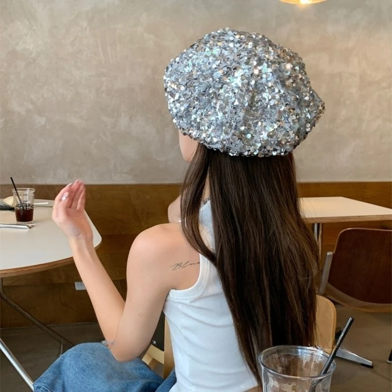 INS Niche Design Sparkling Sequin Beret Hat Female Big-headed Cloud Hat Autumn and Winter Nightclub Costume Hats