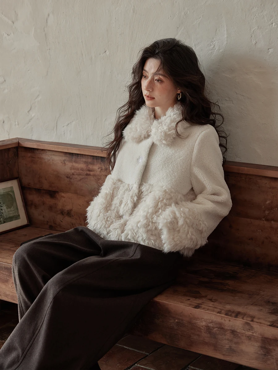 

Ximen 2026 New Winter Design eepskin Fur Collar Plu White Jaet Women's Commute Sle Loose Fit Inner Polyester
