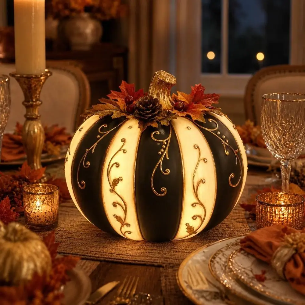Black White Stripe Pumpkin Decoration Black White Striped Design Golden Floral Pattern Light Up Pumpkin Golden Pattern