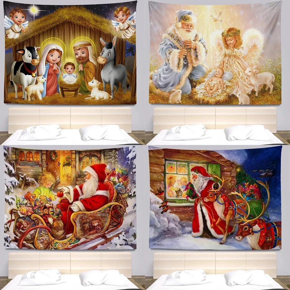 Christmas decoration background cloth Santa Claus and kids printed wall tapestry living room room home decoration