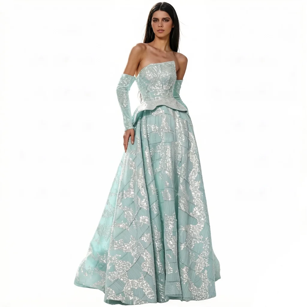 

Light Blue Off-Shoulder Prom Dress | Sweep Train Sequins Beading Gown | Long Sleeves Formal Evening Wear Customized