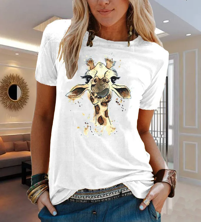 

Animal Flower Print Short Sleeve T-shirt Woman Aesthetic Clothes Women Clothing Graphic T Shirts Oversized Tops