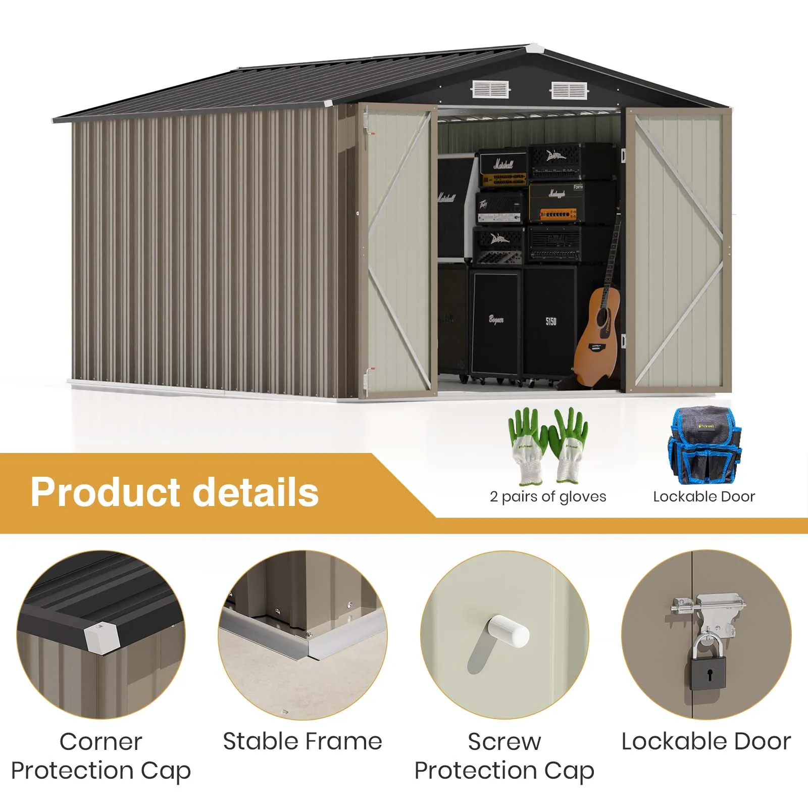 8' x 12' Metal Storage Shed for Outdoor, Steel Yard Shed with Design of Lockable Doors, Utility and Tool Storage for Garden, Bac