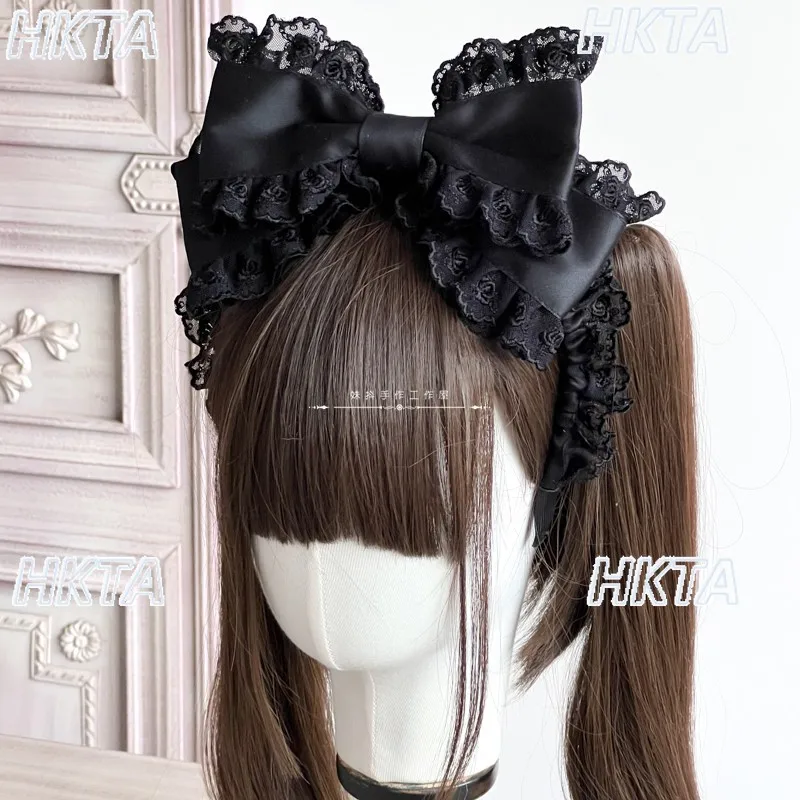 Sweet lace stitching Lolita handmade lace headband bow kc headgear women kawaii pearl gorgeous cosplay hair accessories female