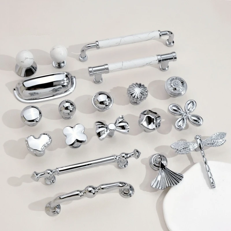 Bright Silver Cabinet Door Handle French Light-Luxury Wardrobe Dressing Pulls Single-Hole for kitchen storage Furniture Handles