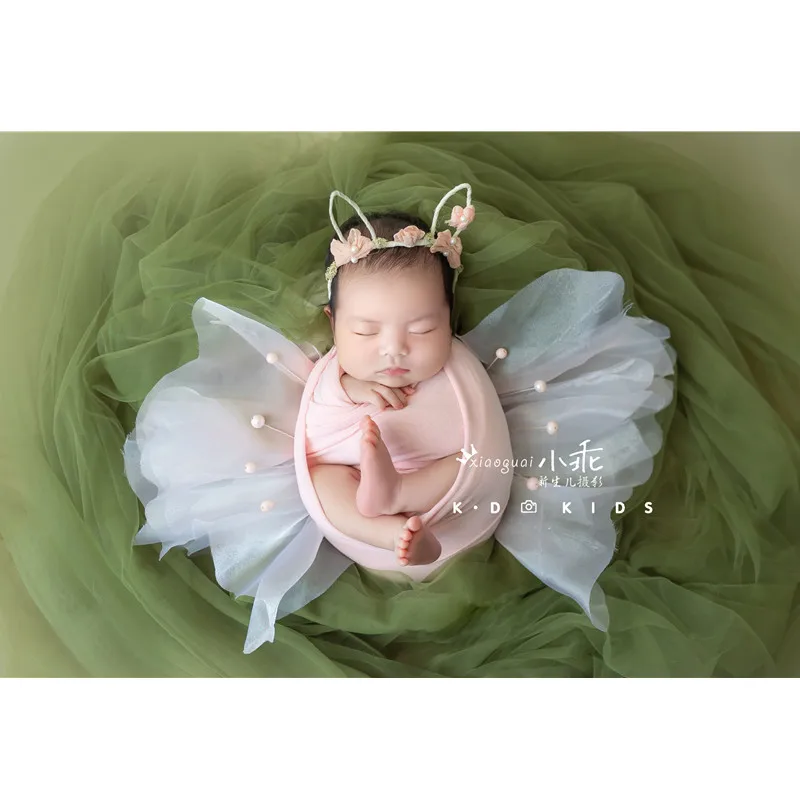 Newborn Photography Props 2022 For Baby Girl Outfit Butterfly Shape Mesh Wrap Headdress Full Set Baby Photo Shoot Accessories