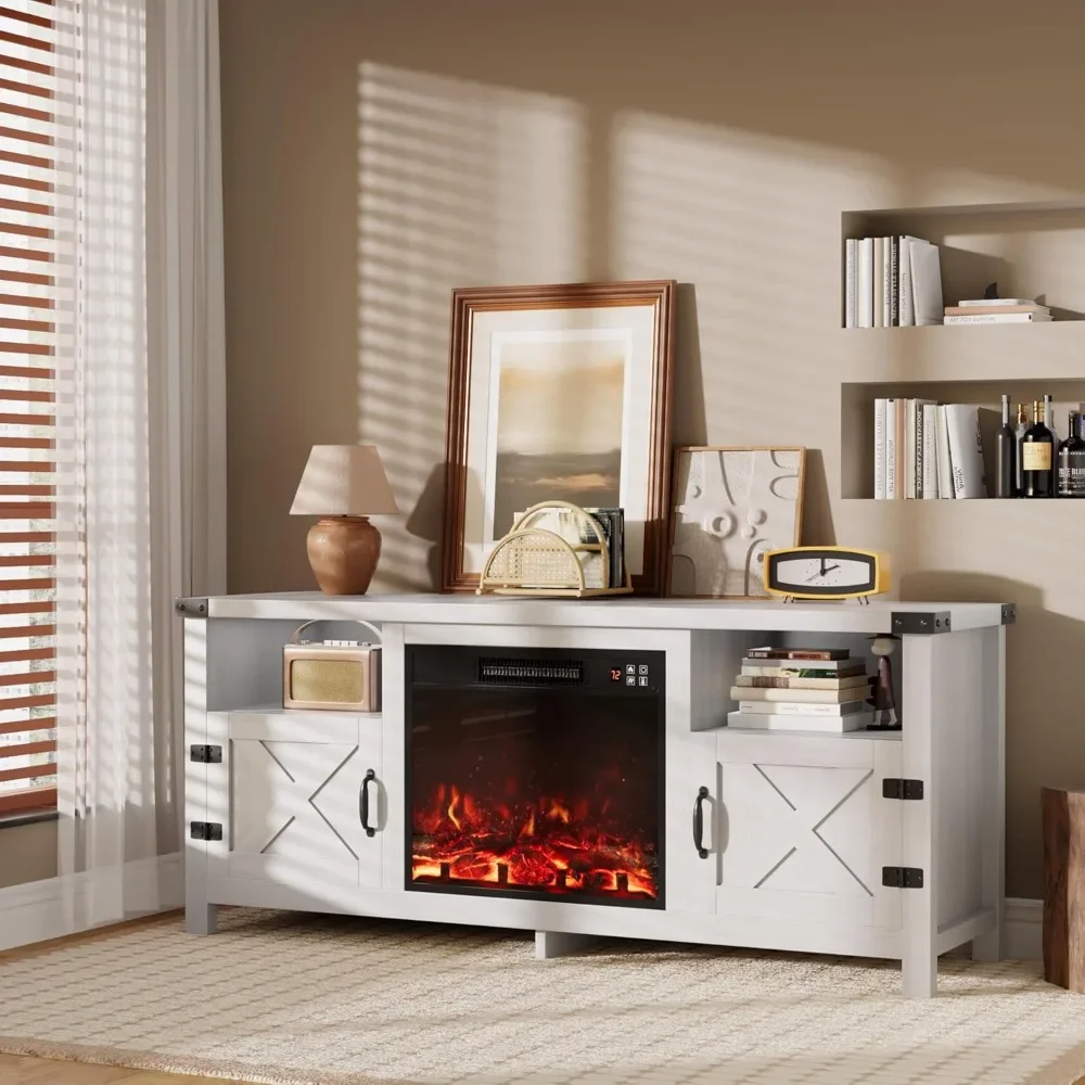 

65 Inches Fireplace TV Stand for Up to, Entertainment Center with Grooved Barn Doors, Media Console Table with Storage Cabinets