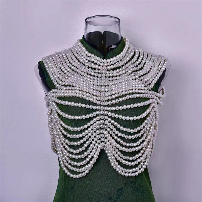 Mehrlagige Perlen-Schulterkette, Tank-Top-Körperkette für Damen, Hochzeitsfeier, Brautgurt, Schal-Halskette, Statement-Schmuck – Detail 4
