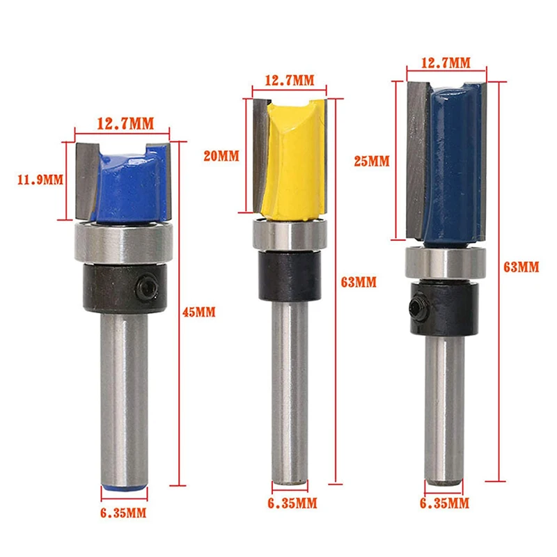 3Pcs 1/4 inch Shank Flush Trim Router Bits Pattern Template Router Bit Set Woodworking Top Bearing Milling Tools