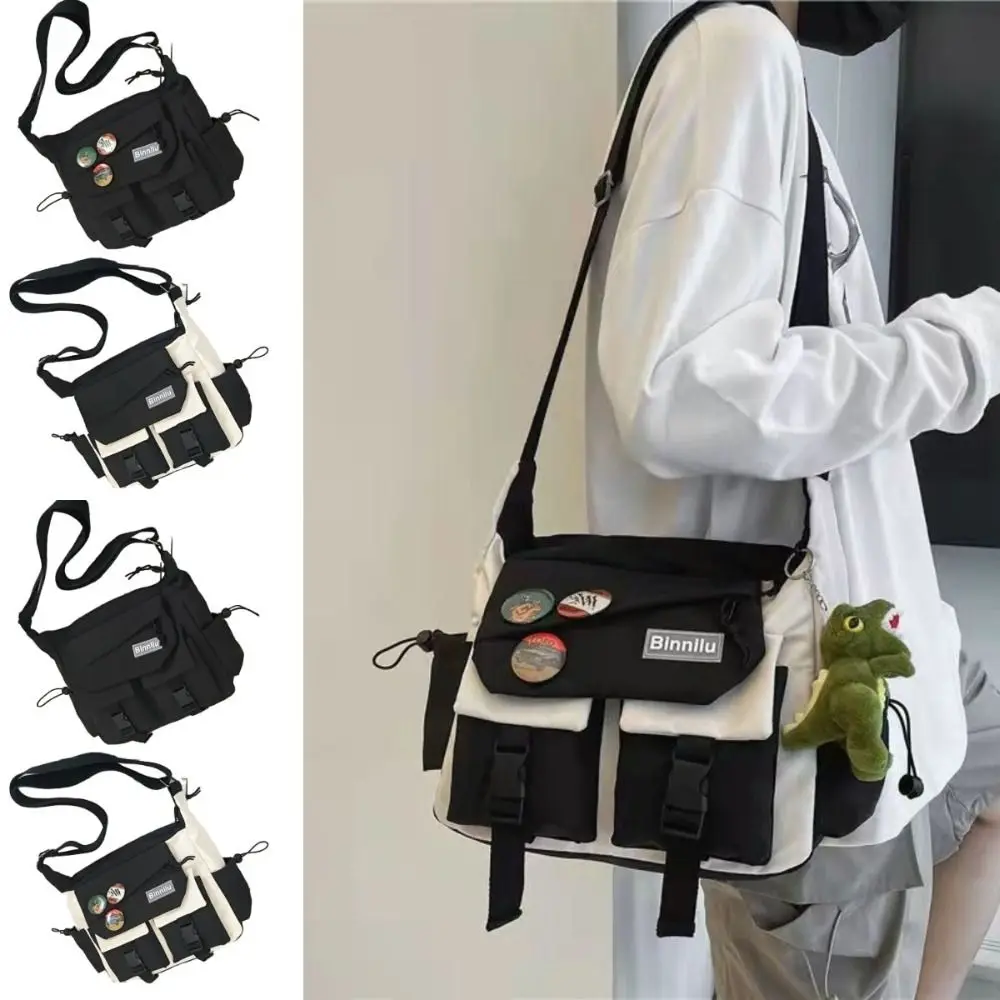 Large Capacity Men Crossbody Bag Japanese Style Square Casual Messenger Bag with Badges Lightweight Single Shoulder Bag