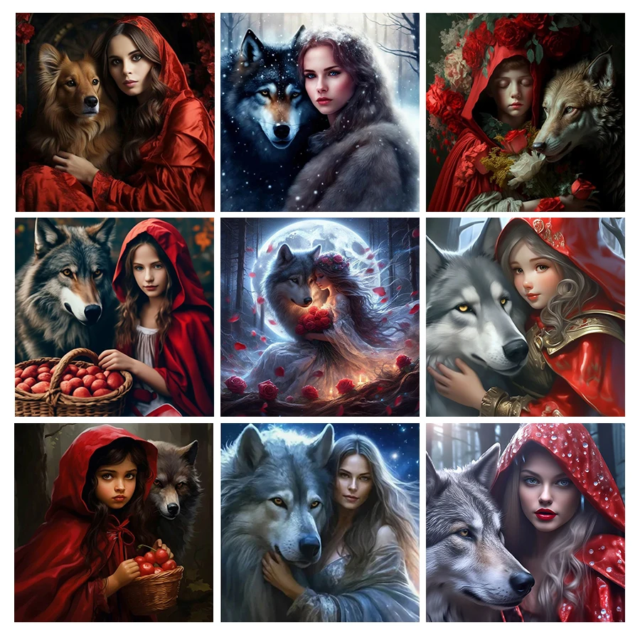 Diy 5d Diamond Painting New Arrival 2024 Girls And Wolf Full Mosaic Embroidery Red Clothes Women Rhinestone Picture Wall Decor