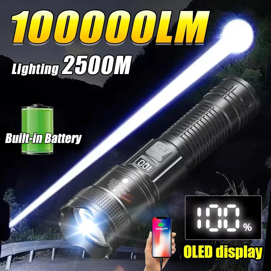 100000LM Strong Light LED Flashlight 3 Lighting Modes Rechargable Telescopic Zoom Torch Outdoor Camping Hunting Emergency Lamp