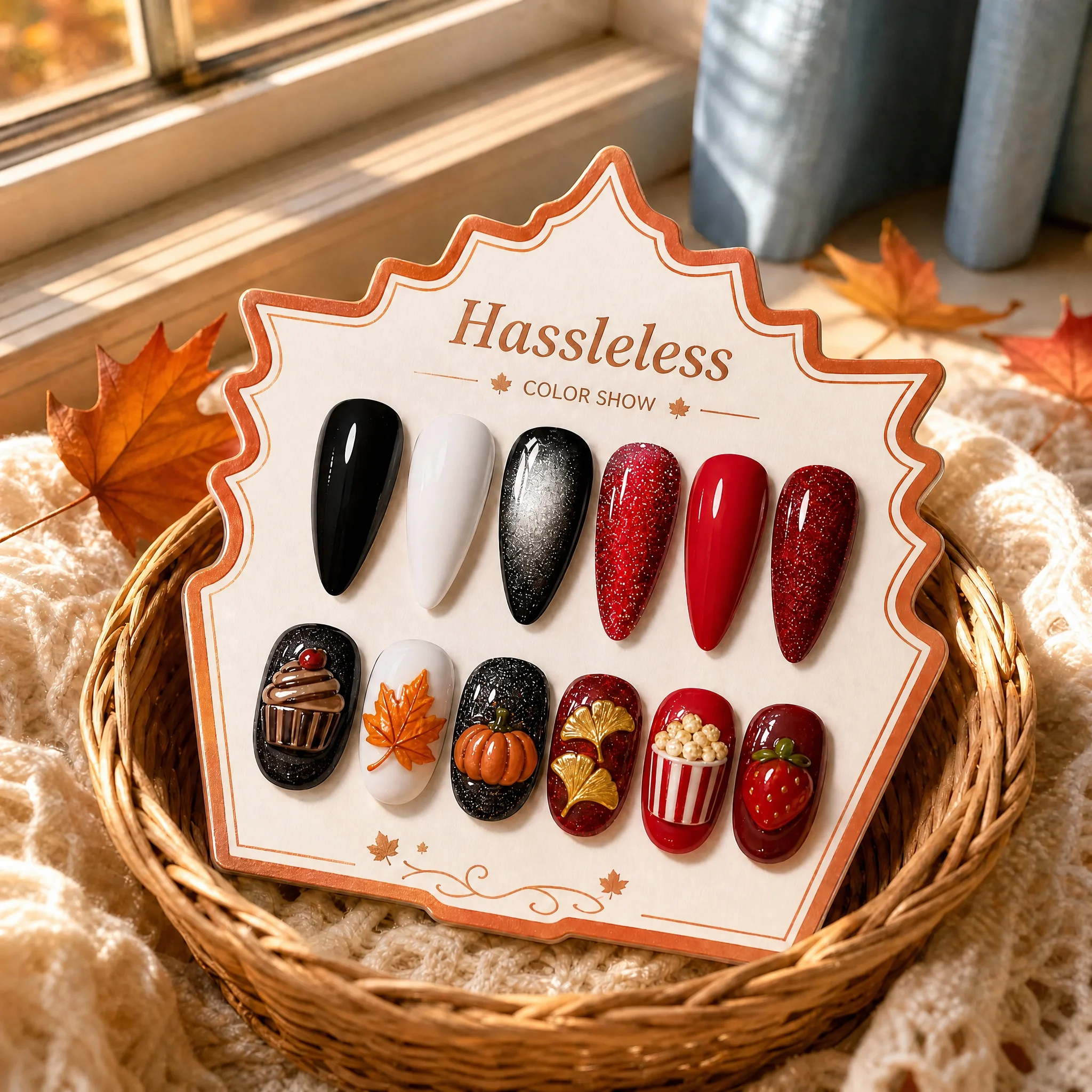 Hassleless 6Pcs Set Includes Rich Solid Red Color, Large Red Gemstone Sequins, Fine Red Glitter, Pure Milky White, Classic Pure Black, Black Base with Silver Crushed Diamond Cat Eye; a Combination of Solid Colors, Glitter, and Cat Eye Effects, Removable Nail Art, Suitable for Both Salon-Grade Gel Manicure and DIY Home Nail Art