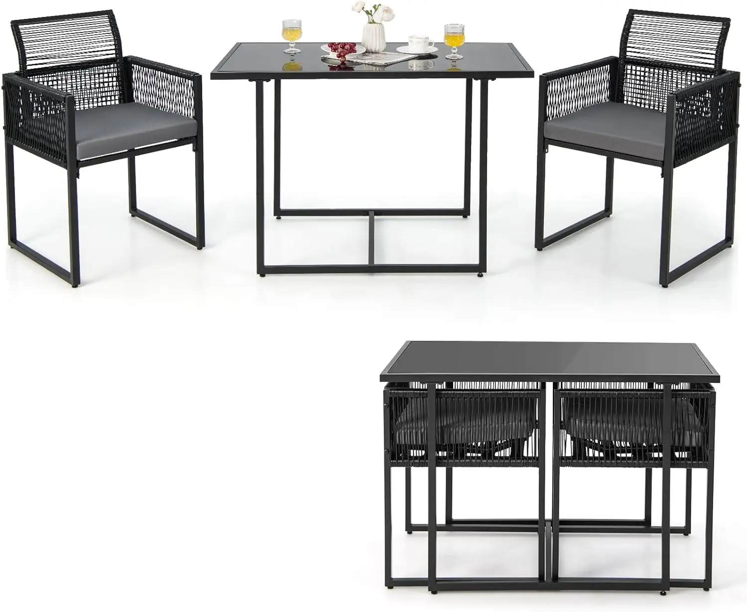 3 Pieces Outdoor Dining Set, Patio PE Rattan Furniture Set with Folding Backrest, Cozy Seat Cushions, Tempered Glass Tabletop