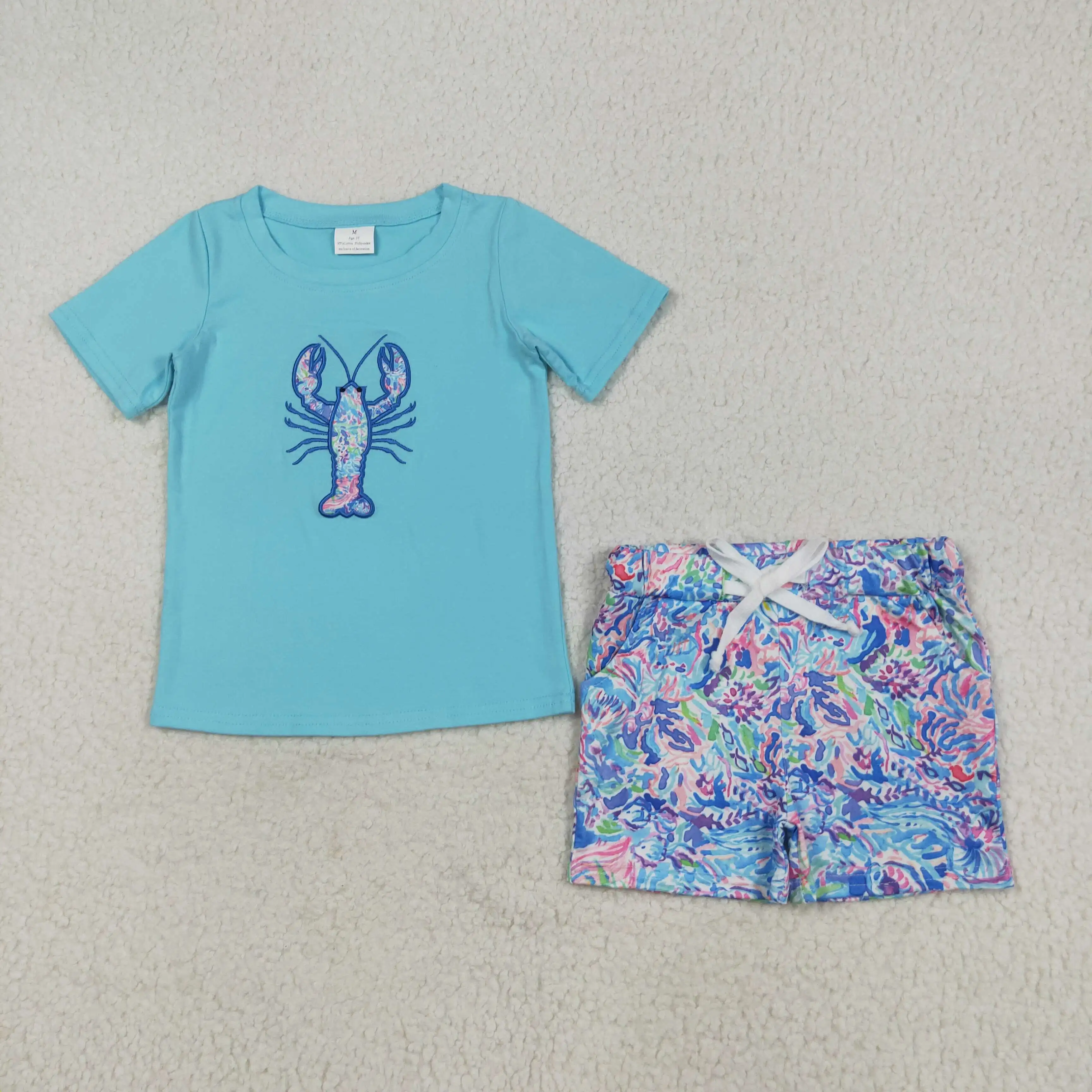 

Baby Boys Light Blue Embroidery Crayfish Top with Pockets Short Set Watercolor Seaweed Design Crawler Outfit for Infants