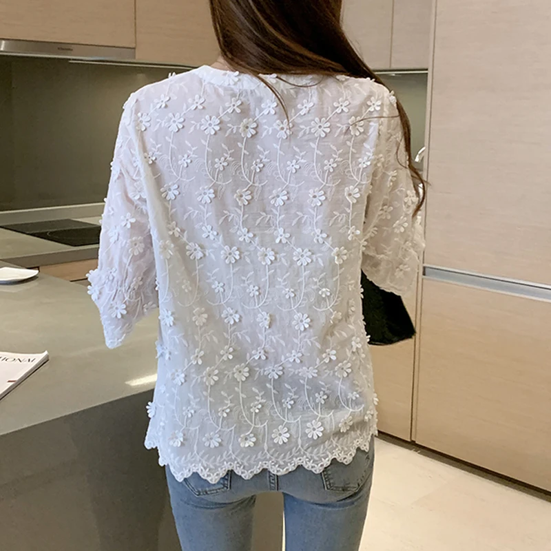 2024 Elegant Blouses Summer Embroidered White Lace Shirt Cotton Blouse Floral Short Sleeve Woman\'s Shirt Blouse New 9638